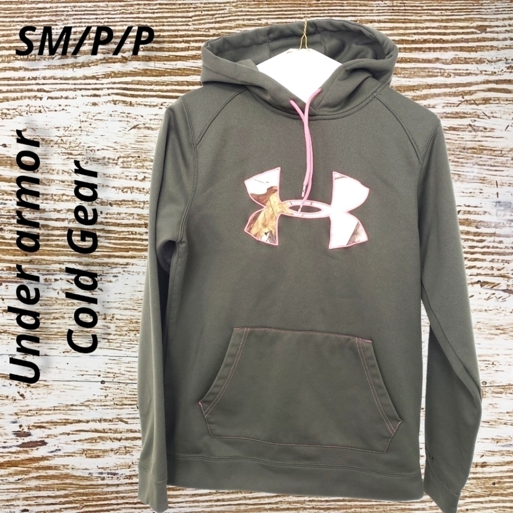 UNDER Armour Cold Gear Storm Hoodie Camo Green with Pink Accent Small VGUC